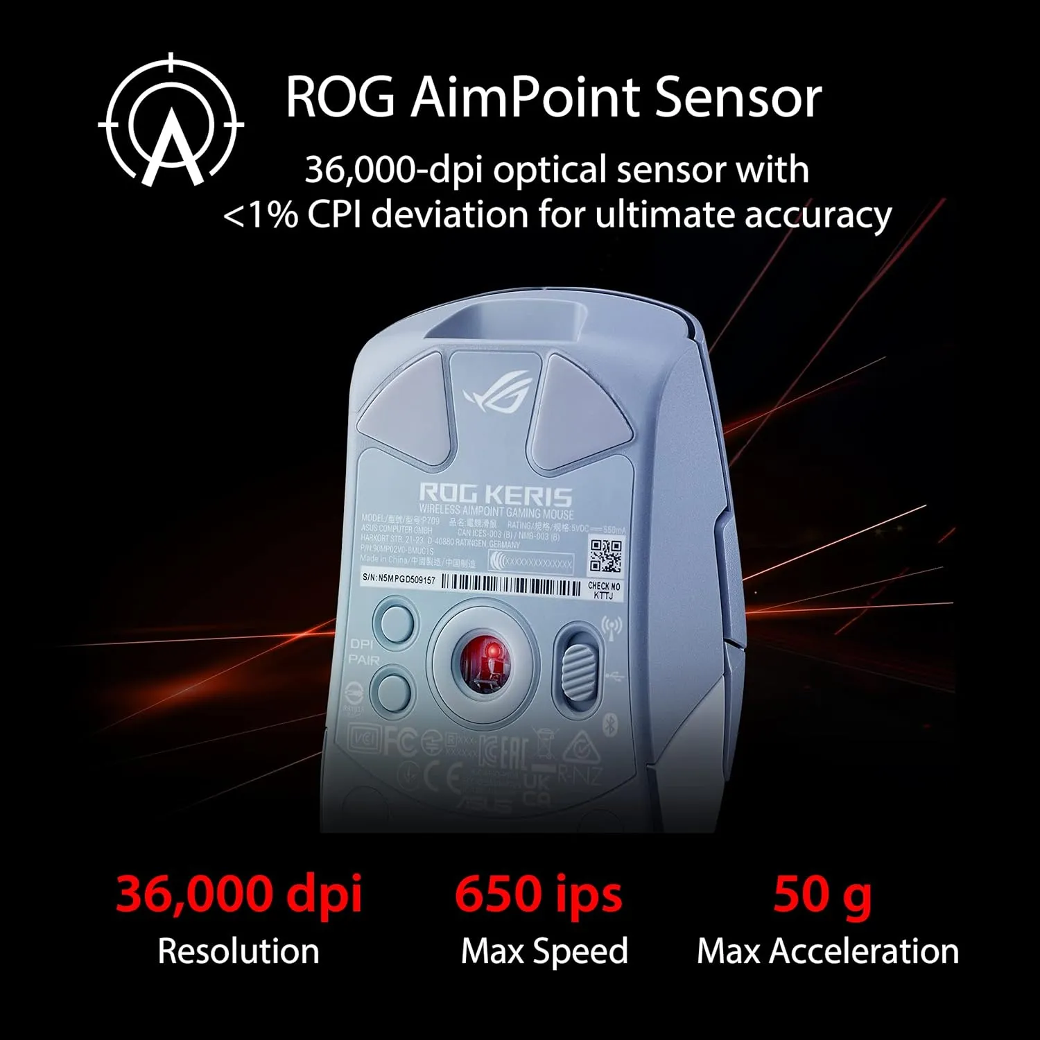 Asus ROG Keris Wireless AimPoint Gaming Mouse, Tri-mode connectivity, 36000 DPI sensor, 5 programmable buttons, ROG SpeedNova, Replaceable switches, Paracord cable, White