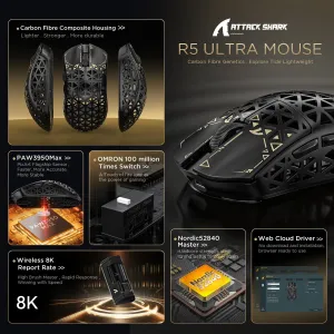 ATTACK SHARK R5 Ultra Wireless Gaming Mouse,39g Superlight Carbon Fiber Hollowed-Out,PAW3950MAX Optical Sensor Nordic 52840 MCU 8K Polling 42K DPI,Tri-Mode Programmable Mice with Coiled Cable-Black