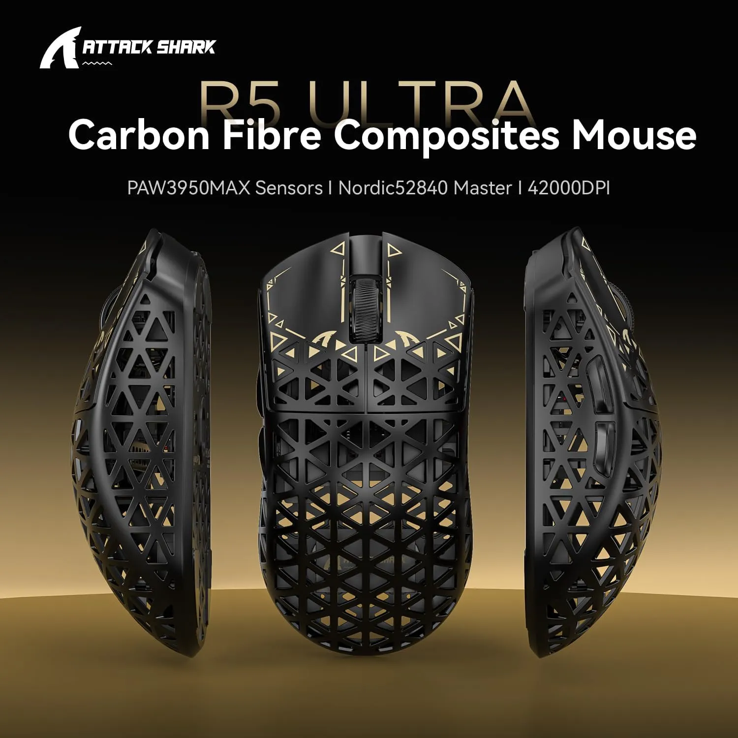 ATTACK SHARK R5 Ultra Wireless Gaming Mouse,39g Superlight Carbon Fiber Hollowed-Out,PAW3950MAX Optical Sensor Nordic 52840 MCU 8K Polling 42K DPI,Tri-Mode Programmable Mice with Coiled Cable-Black