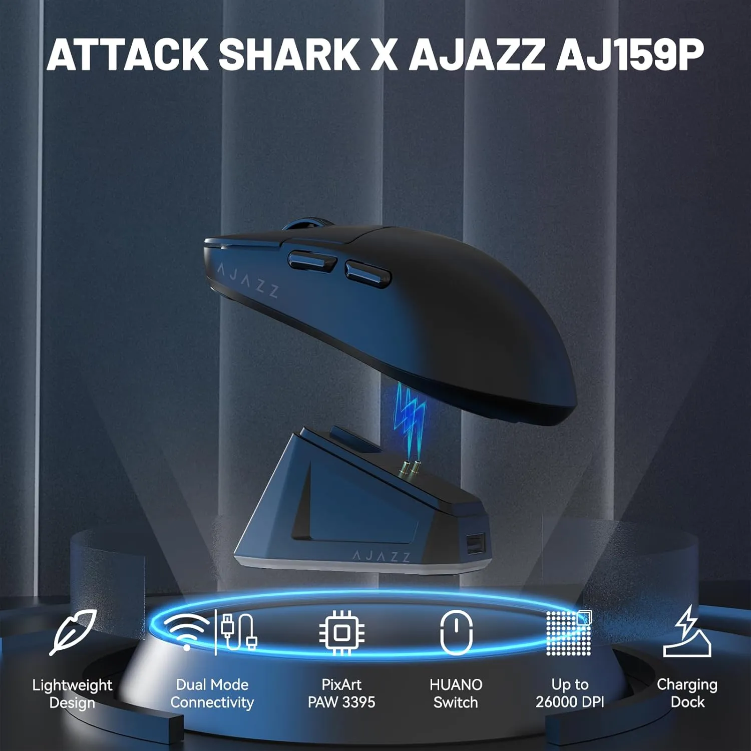 ATTACK SHARK x Ajazz AJ159P Gaming Mouse with Magnetic RGB Charging Dock,2.4G Wireless Gaming Mouse PAW3395 Sensor 26K DPI,1K Polling,6 Programmable Buttons,Ergonomic Computer Mice USB3.0 for PC/MAC