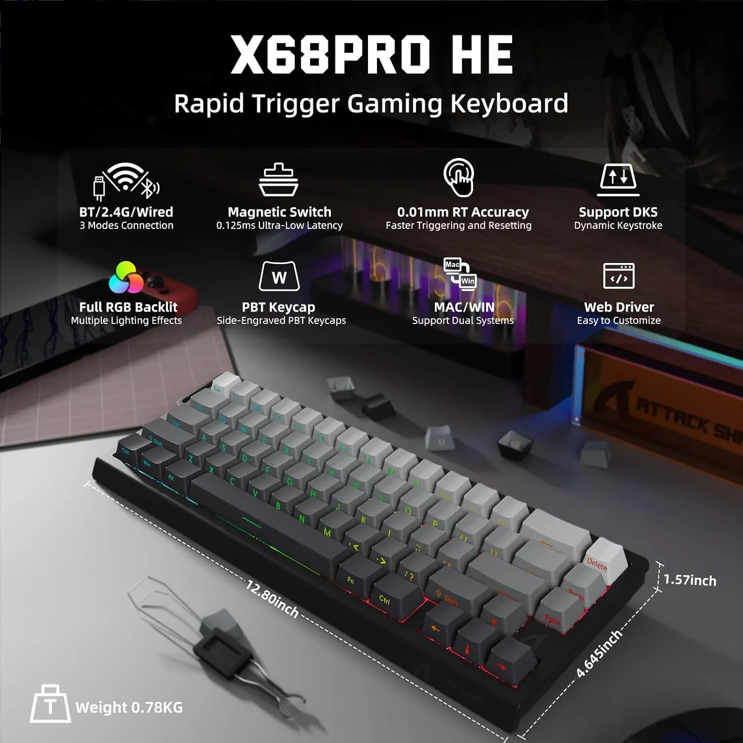 ATTACK SHARK X11 & X68 PRO HE Wireless Gaming Combo,Rapid Trigger Hall Effect Magnetic Switch 8K Keyboard,Ultra-Light 22K DPI PAW3311 Optical Sensor Mouse,RGB Backlit Tri-Mode with Coiled Cable-Grey