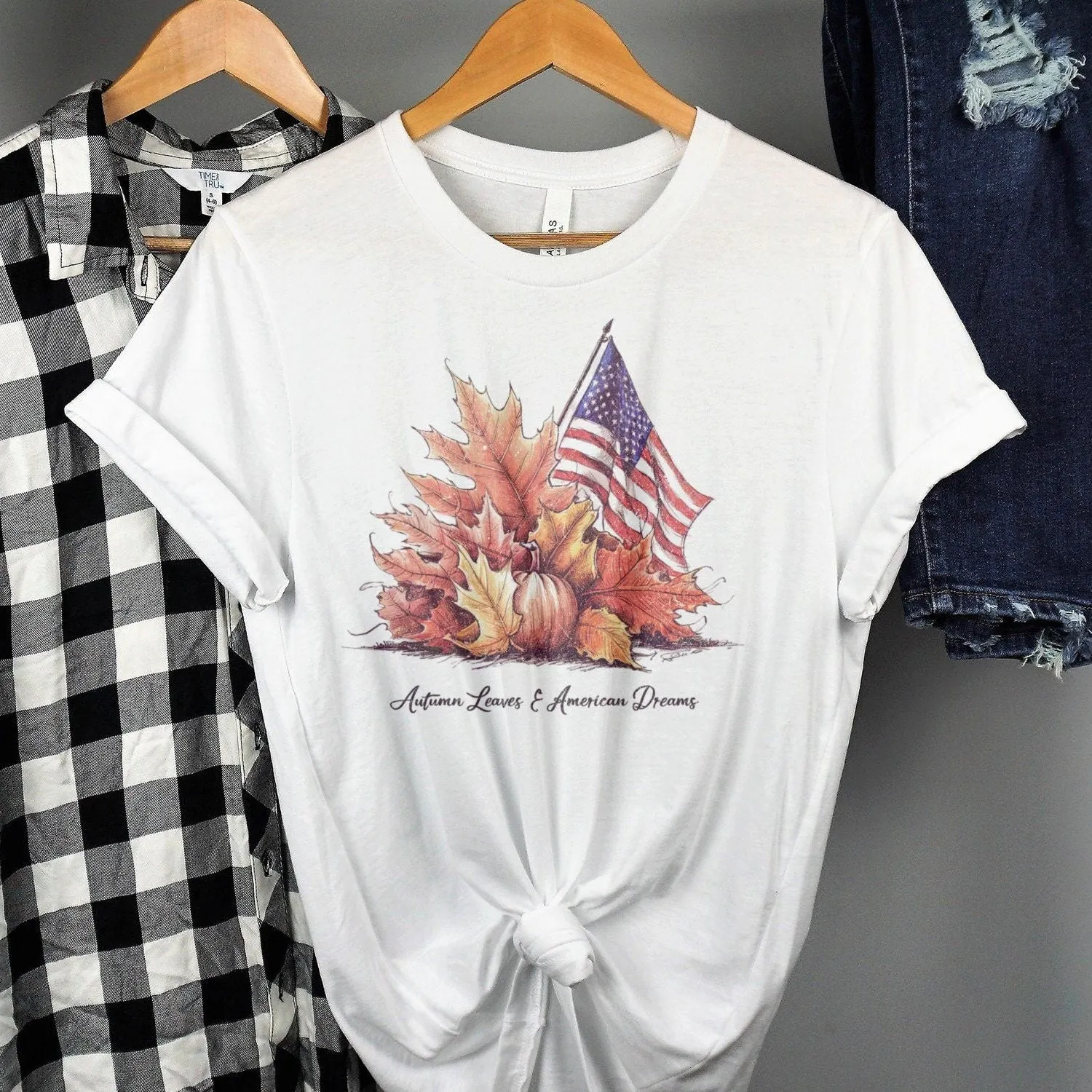 Autumn Leaves American Dreams T-Shirt, Fall Season Graphic Tee, Patriotic USA Shirt, Autumn Vibes, Cozy Fall Sweatshirt