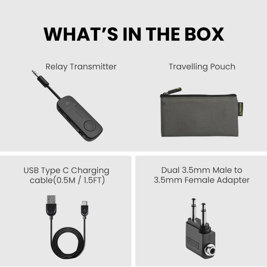 Avantree Relay - Premium Airplane Bluetooth 5.3 Adapter, Supports 2 AirPods or Headphones with aptX-Low Latency - 3.5mm AUX Jack Wireless Audio Transmitter for Planes, Travel, Airline, TV, Gym, Tablet