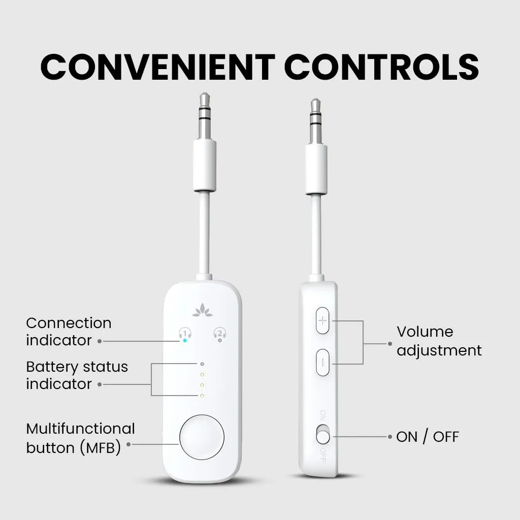 Avantree Relay - Premium Airplane Bluetooth 5.3 Adapter, Supports 2 AirPods or Headphones with aptX-Low Latency - 3.5mm AUX Jack Wireless Audio Transmitter for Planes, Travel, Airline, TV, Gym, Tablet