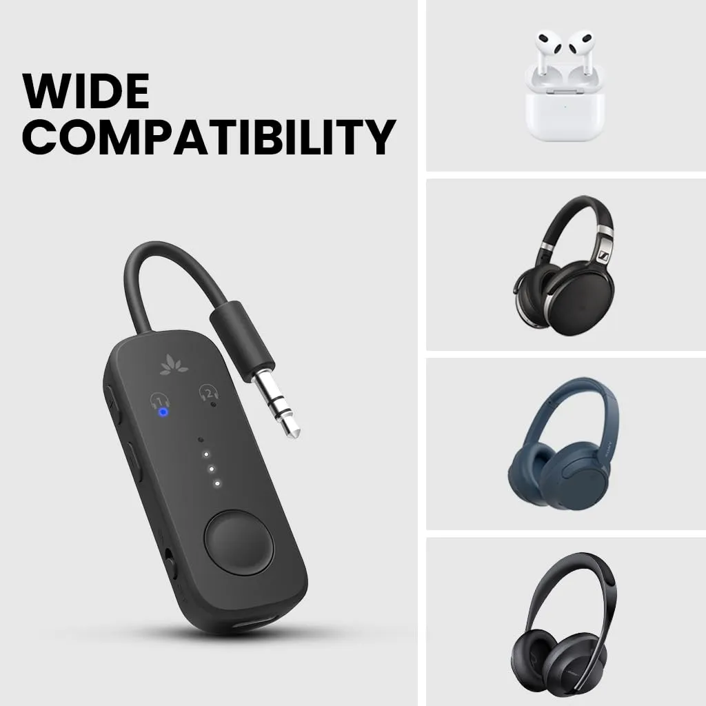 Avantree Relay - Premium Airplane Bluetooth 5.3 Adapter, Supports 2 AirPods or Headphones with aptX-Low Latency - 3.5mm AUX Jack Wireless Audio Transmitter for Planes, Travel, Airline, TV, Gym, Tablet