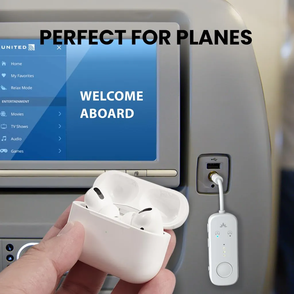 Avantree Relay - Premium Airplane Bluetooth 5.3 Adapter, Supports 2 AirPods or Headphones with aptX-Low Latency - 3.5mm AUX Jack Wireless Audio Transmitter for Planes, Travel, Airline, TV, Gym, Tablet