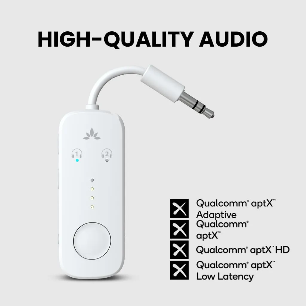 Avantree Relay - Premium Airplane Bluetooth 5.3 Adapter, Supports 2 AirPods or Headphones with aptX-Low Latency - 3.5mm AUX Jack Wireless Audio Transmitter for Planes, Travel, Airline, TV, Gym, Tablet