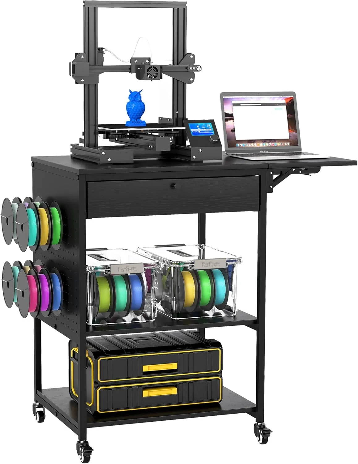 Baoz 3D Printer Stand with 40pcs Filament Storage,4 Tier 3D Printer Table Printer Stand with Wheels, Heavy Duty Filament Storage Rack with Drawers and Spool Hooks for Studio, Home Office