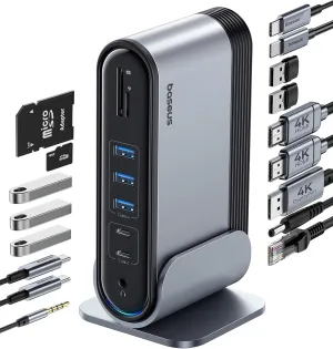 Baseus 17-in-1 Docking Station, Laptop Docking Station 3 Monitors with 3 * 4K HDMI, USB C Docking Station with 7 USB, 1000Mbps Ethernet, 100W PD, Card Readers Compatible with Acer/HP/Lenovo/Mac/Dell