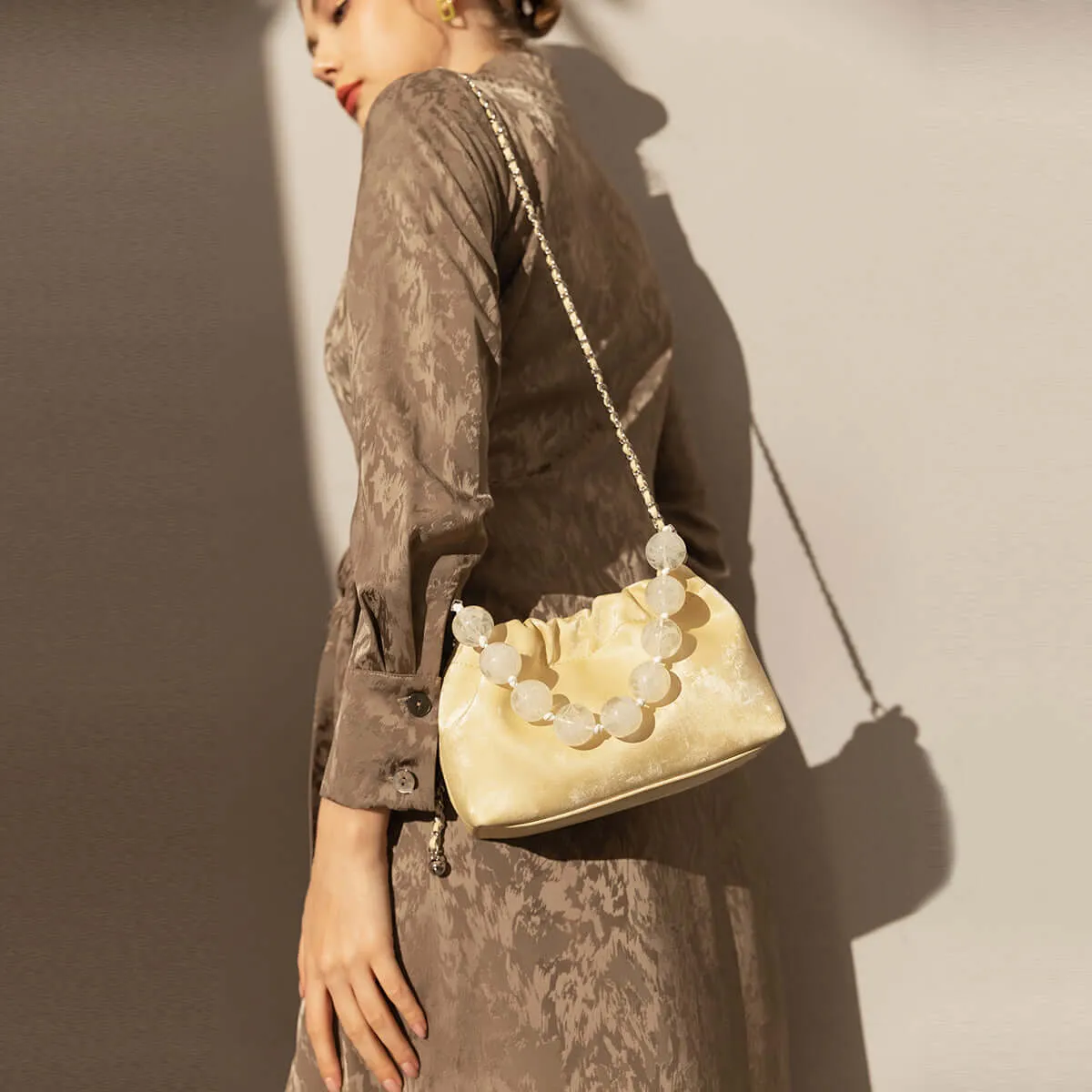 Beaded Top Handle Ruched Bucket Bag