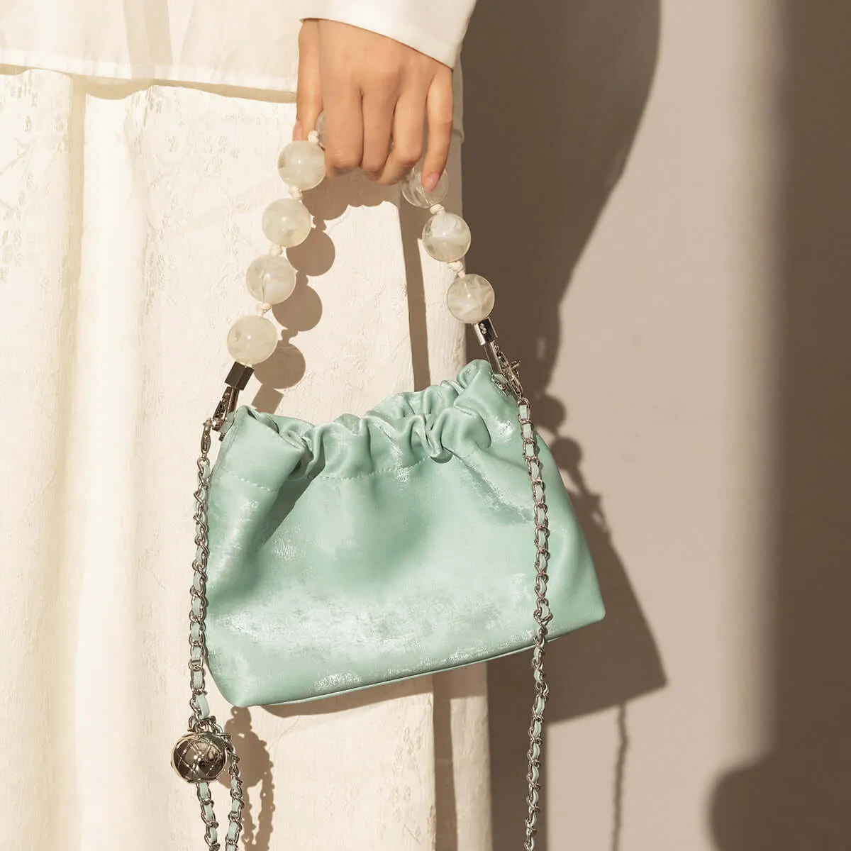 Beaded Top Handle Ruched Bucket Bag