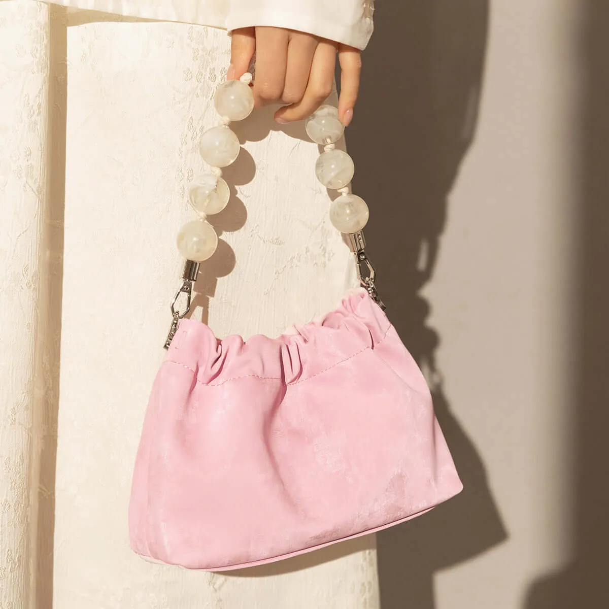 Beaded Top Handle Ruched Bucket Bag