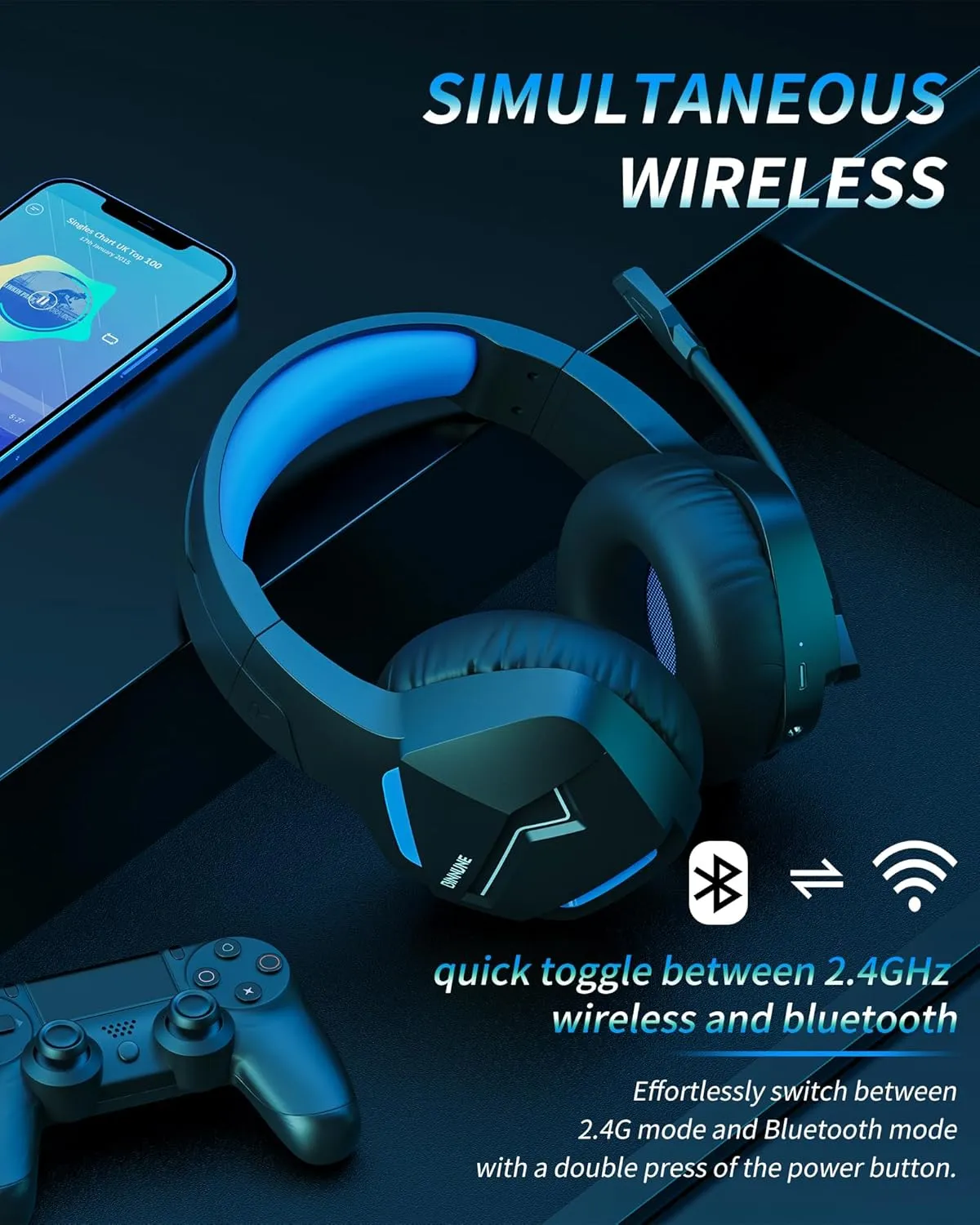 BINNUNE Wireless Gaming Headset with 2.4GHz for PS5, PS4, PC, Switch, FPS Gamers, 120Hrs  Bluetooth 5.3 Gaming Headsets with Noise Canceling Mic, 50MM Headphones for Laptop, Mobile, Mac