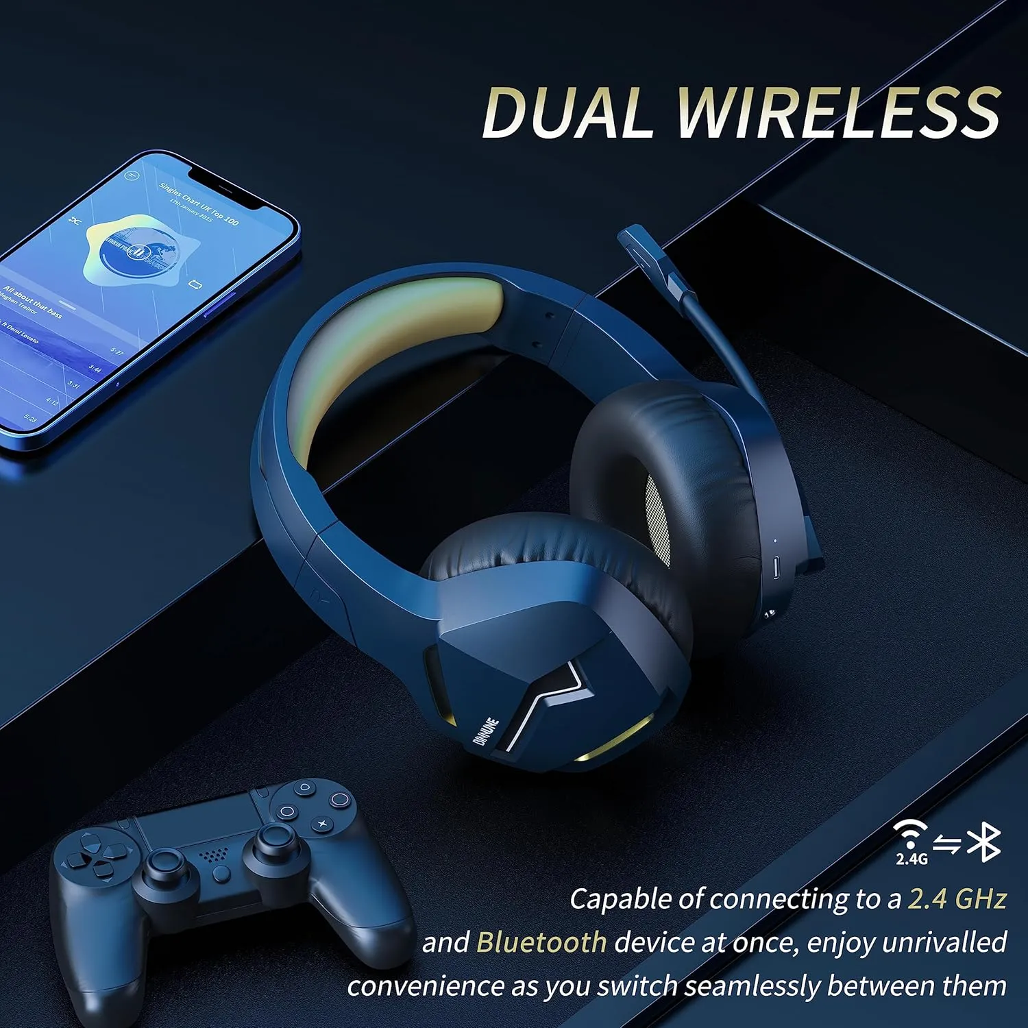 BINNUNE Wireless Gaming Headset with 2.4GHz for PS5, PS4, PC, Switch, FPS Gamers, 120Hrs  Bluetooth 5.3 Gaming Headsets with Noise Canceling Mic, 50MM Headphones for Laptop, Mobile, Mac