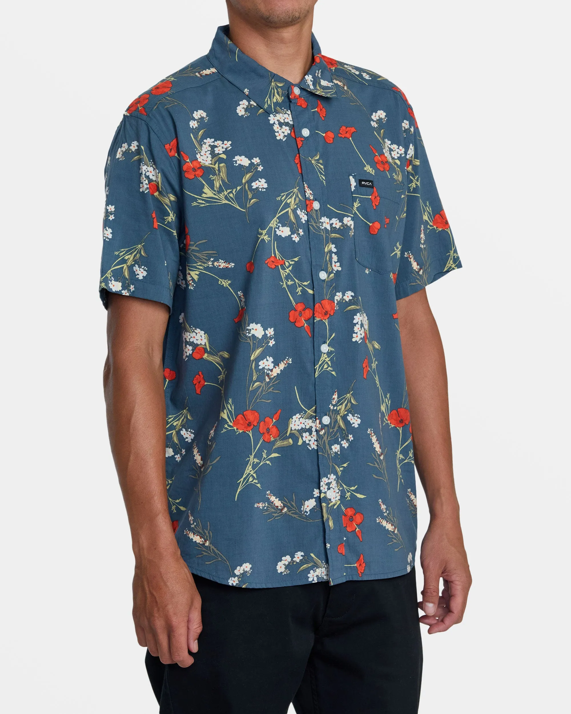 Botanical Short Sleeve Woven Shirt - Duck Blue
