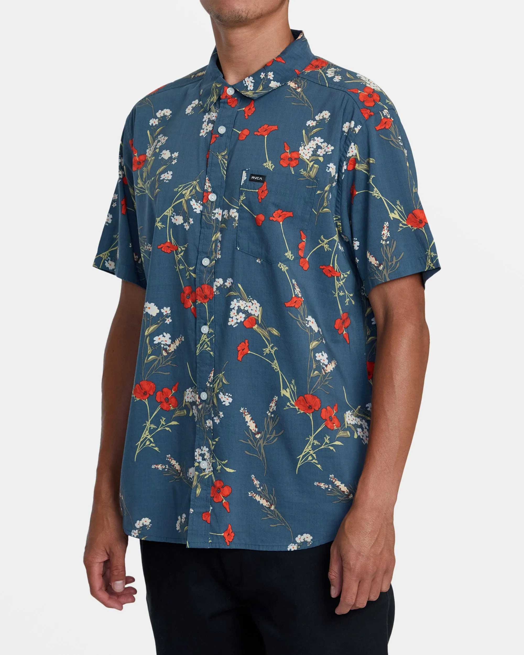 Botanical Short Sleeve Woven Shirt - Duck Blue