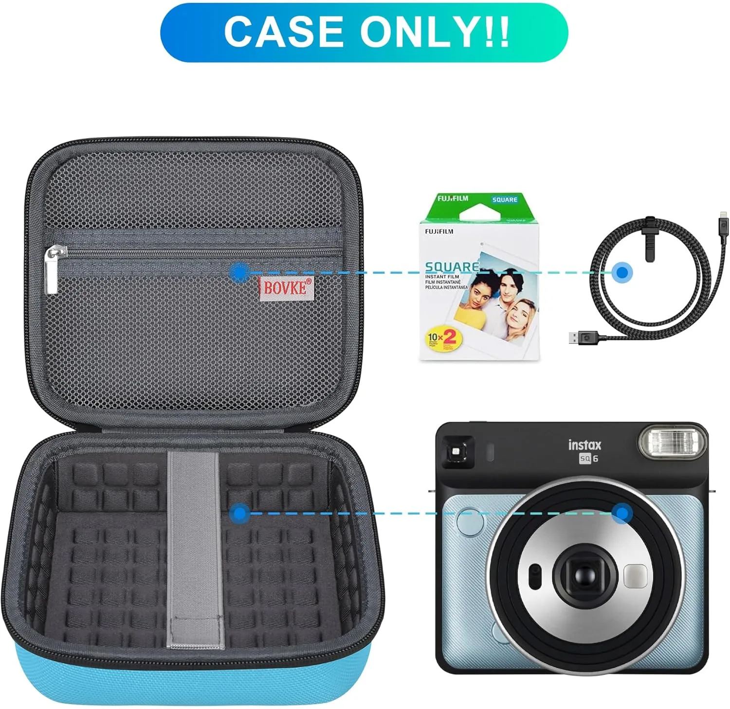 BOVKE Carrying Case Compatible with Fujifilm Instax Square SQ6 - Instant Film Camera, Extra Space for Film Packs, Batteries and Filters, Blue