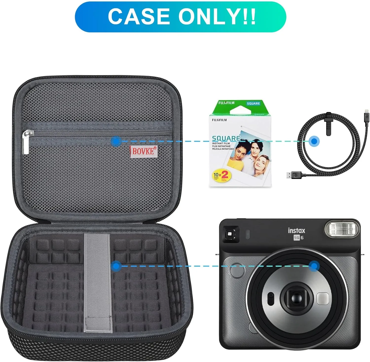 BOVKE Carrying Case Compatible with Fujifilm Instax Square SQ6 - Instant Film Camera, Extra Space for Film Packs, Batteries and Filters, Mesh Black