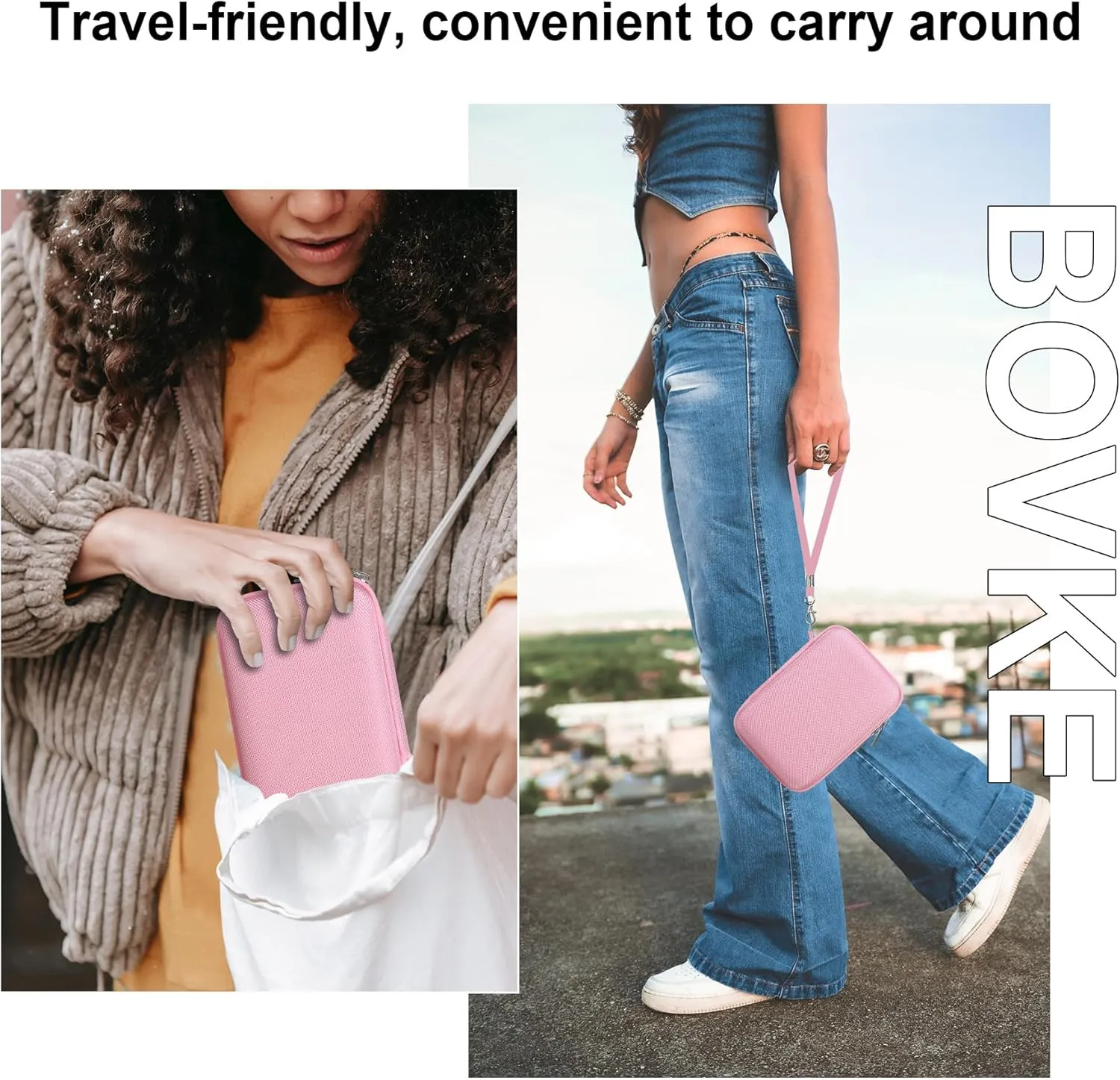 BOVKE Carrying Case for Polaroid Go / Mini Instant Camera, Travel Storage Bag With Extra Space for Photo Films, Charging Cables, Pink