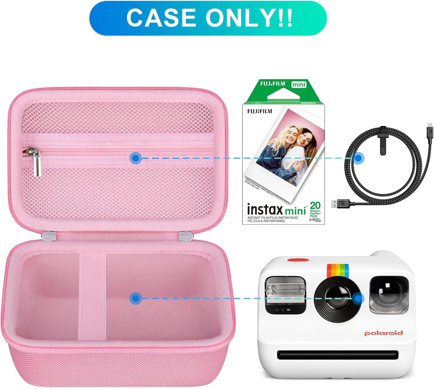 BOVKE Carrying Case for Polaroid Go / Mini Instant Camera, Travel Storage Bag With Extra Space for Photo Films, Charging Cables, Pink