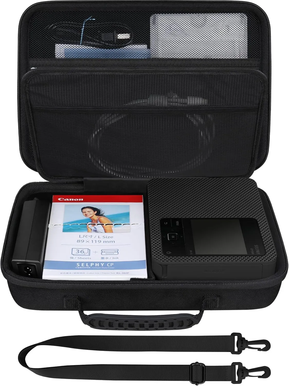 BOVKE Storage Case Compatible with Canon SELPHY CP1500 Compact Photo Printer, Extra Space for Canon Color Ink/Paper Set and Other Accessories, Black Black