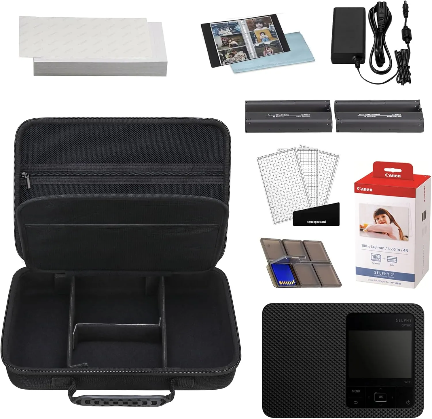 BOVKE Storage Case Compatible with Canon SELPHY CP1500 Compact Photo Printer, Extra Space for Canon Color Ink/Paper Set and Other Accessories, Black