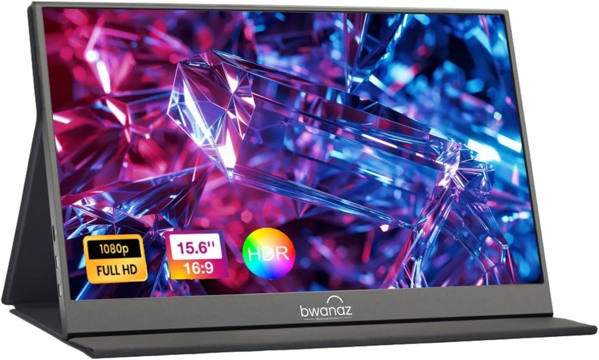 Bwanaz Portable Monitor 15.6'' FHD 1080P, USB-C HDMI IPS Display w/Smart Cover/Stand, Speaker, Plug & Play, Ultra-Slim External Monitor for PC, MAC, Phone, Xbox, PS5