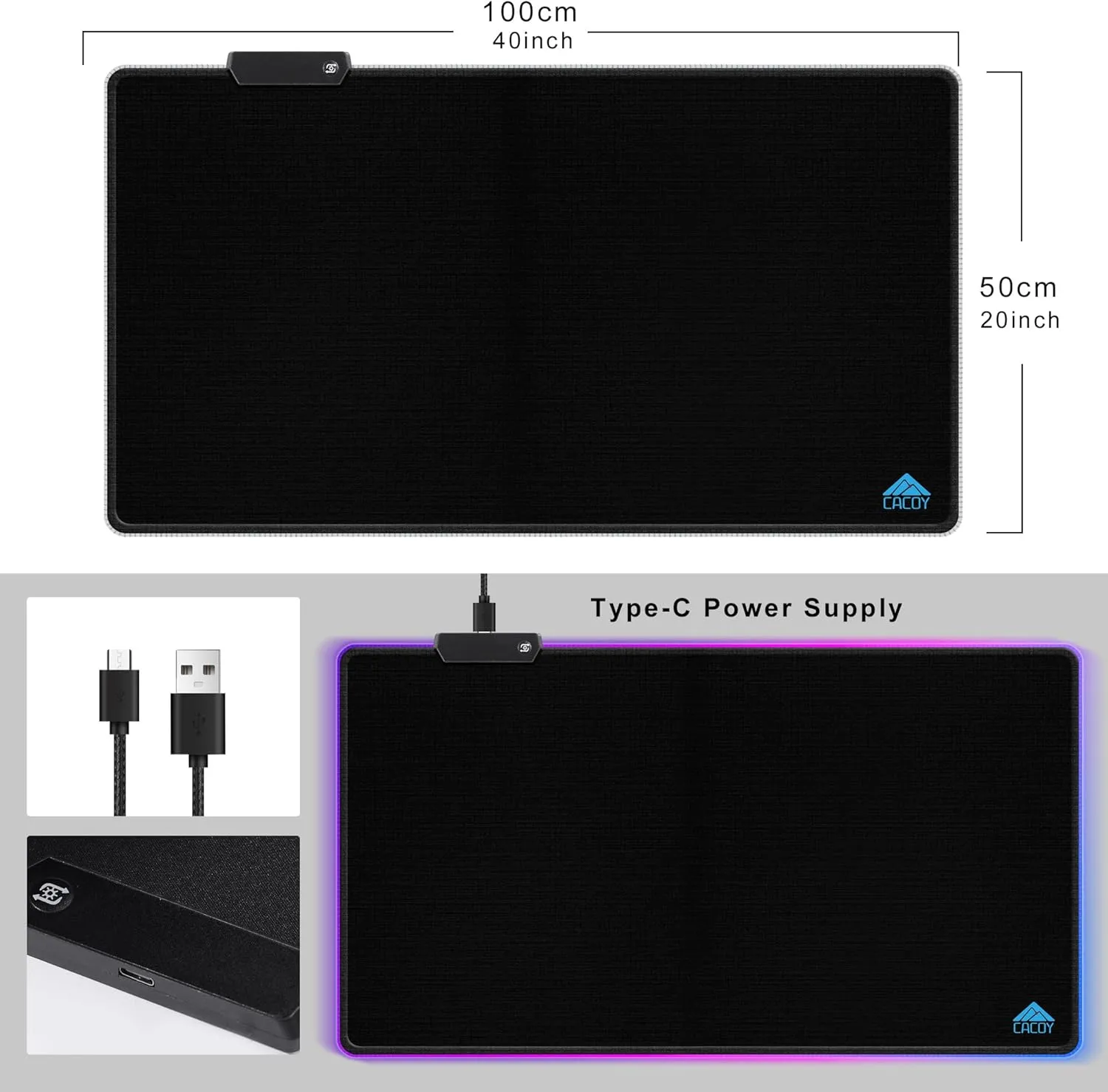Cacoy 40" x 20" RGB Mouse Pad XXL, Extended Desk Mat with Smooth Surface and 9 Lighting Effects, LED Lighting Desk Pad with Stitched Edges and Non-Slip Rubber Base, Gaming Computer Mouse Mat, Black