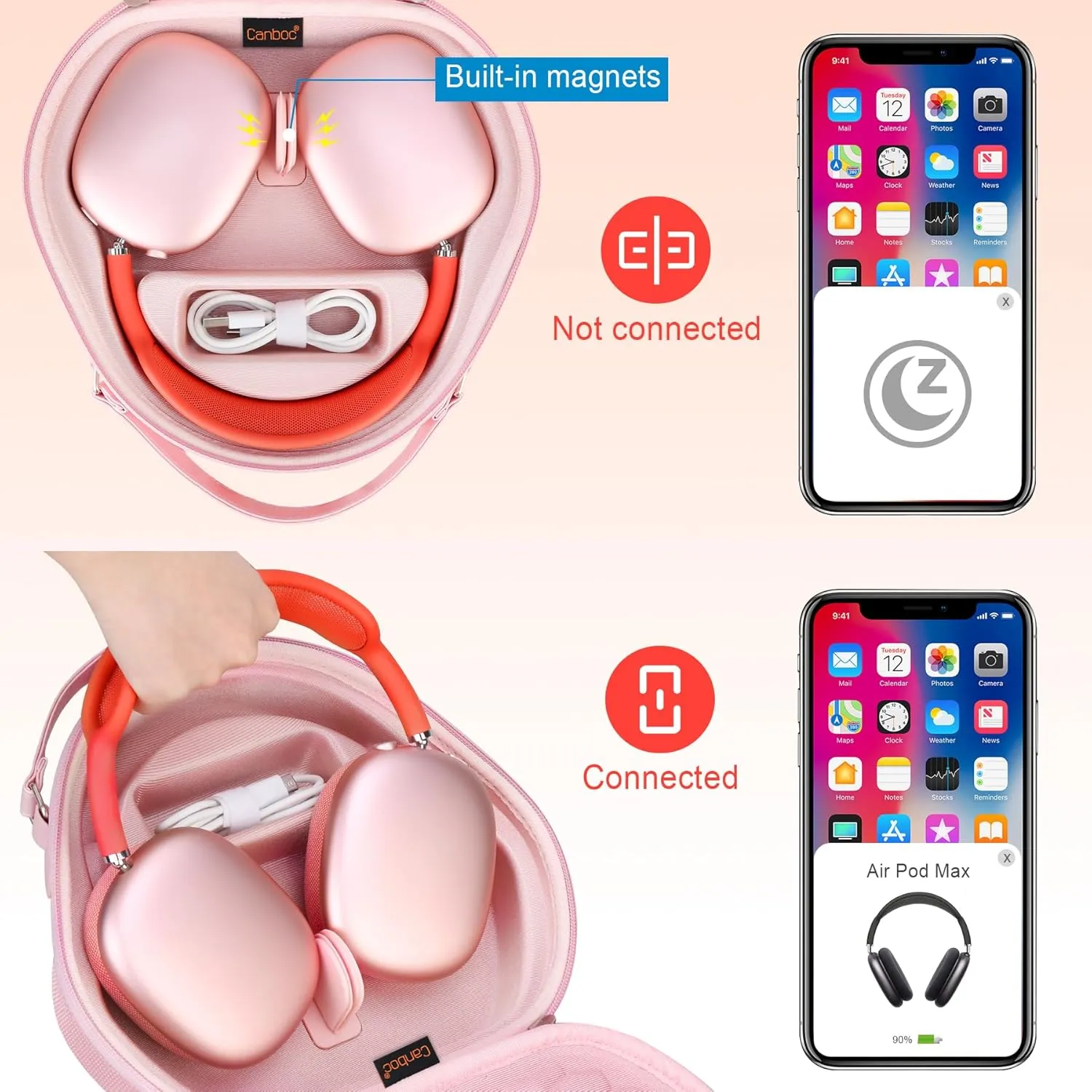 Canboc Airpods Max Case for Apple AirPods Max Wireless Over-Ear Headphones, Hard Carrying Travel Smart Headphones Case, Extra Space fits Cable, Charger, Pink (Fabric)