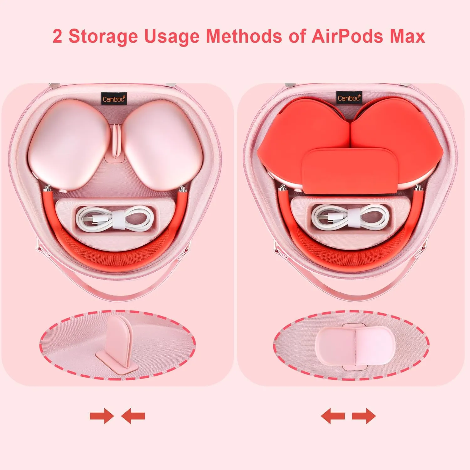 Canboc Airpods Max Case for Apple AirPods Max Wireless Over-Ear Headphones, Hard Carrying Travel Smart Headphones Case, Extra Space fits Cable, Charger, Pink (Fabric)