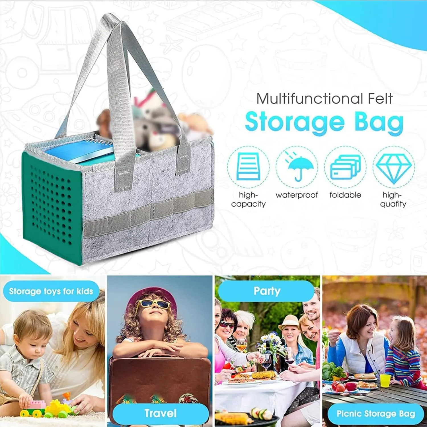 Carrying Case for Toniebox Starter Set, Large Felt Cloth Portable Organizer Case Travel Storage Carrying Bag with Handle for Tonies Audio Player and Figures, Outdoor Hand Bag (Lake Blue)