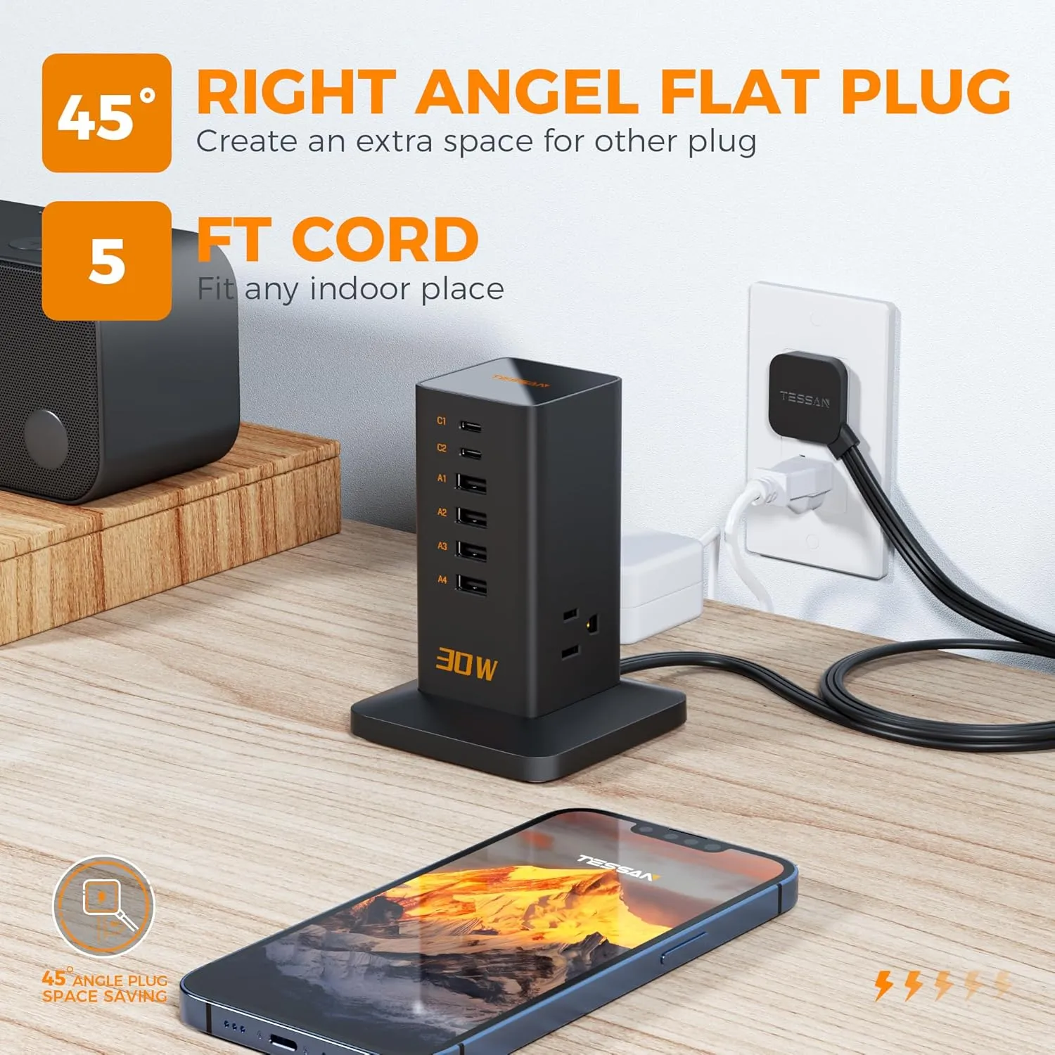 Charging Station 30W, TESSAN 9-in-1 Charger Blocks for iPhone 16/15/14/13, Tablets, Earphone with Surge Protector, 5ft Flat Extension Cord with 4 USB A, and 2 USB C for Home, Office, Drom, Black