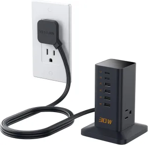 Charging Station 30W, TESSAN 9-in-1 Charger Blocks for iPhone 16/15/14/13, Tablets, Earphone with Surge Protector, 5ft Flat Extension Cord with 4 USB A, and 2 USB C for Home, Office, Drom, Black