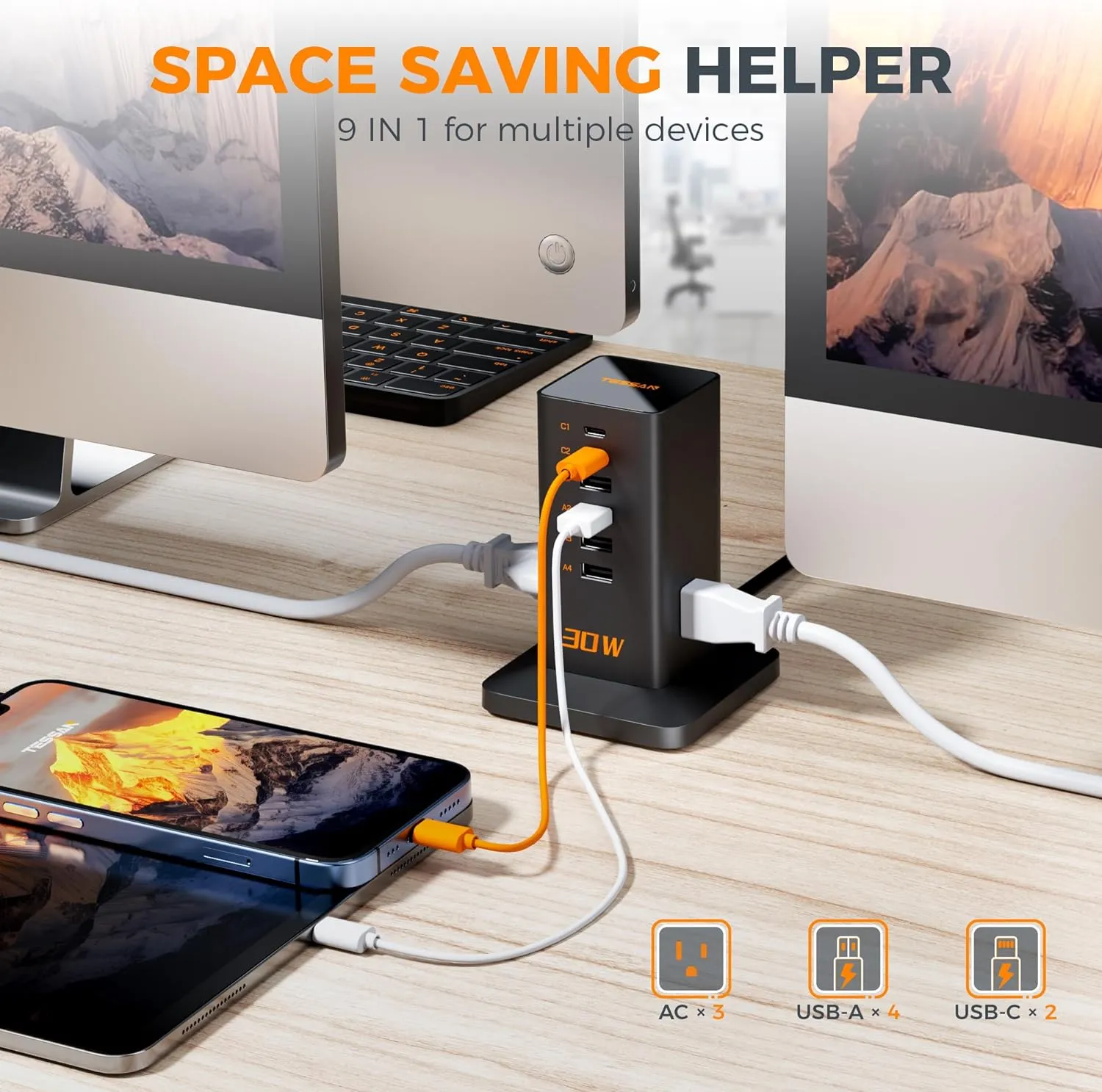 Charging Station 30W, TESSAN 9-in-1 Charger Blocks for iPhone 16/15/14/13, Tablets, Earphone with Surge Protector, 5ft Flat Extension Cord with 4 USB A, and 2 USB C for Home, Office, Drom, Black