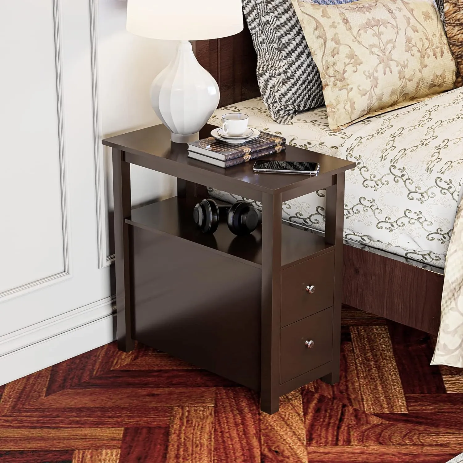 Compact Chair Side End Table with Drawers for Small Spaces and Storage