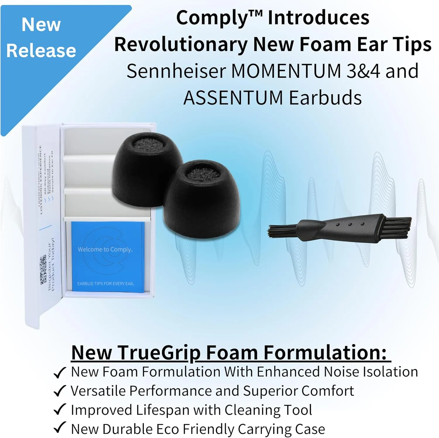 Comply TrueGrip | Premium Memory Foam Replacement Earbud Tips for Sennheiser Momentum 3, 4, ACCENTUM | Enhanced Comfort, Secure Fit, Superior Noise Isolation, Cleaning Tool | Black, Medium (3 Pairs)