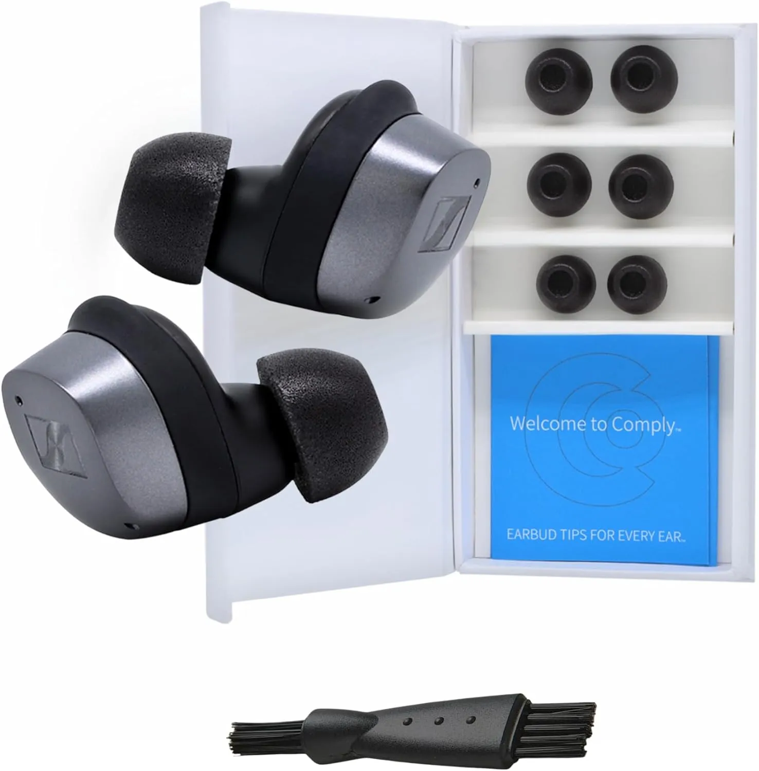 Comply TrueGrip | Premium Memory Foam Replacement Earbud Tips for Sennheiser Momentum 3, 4, ACCENTUM | Enhanced Comfort, Secure Fit, Superior Noise Isolation, Cleaning Tool | Black, Medium (3 Pairs)