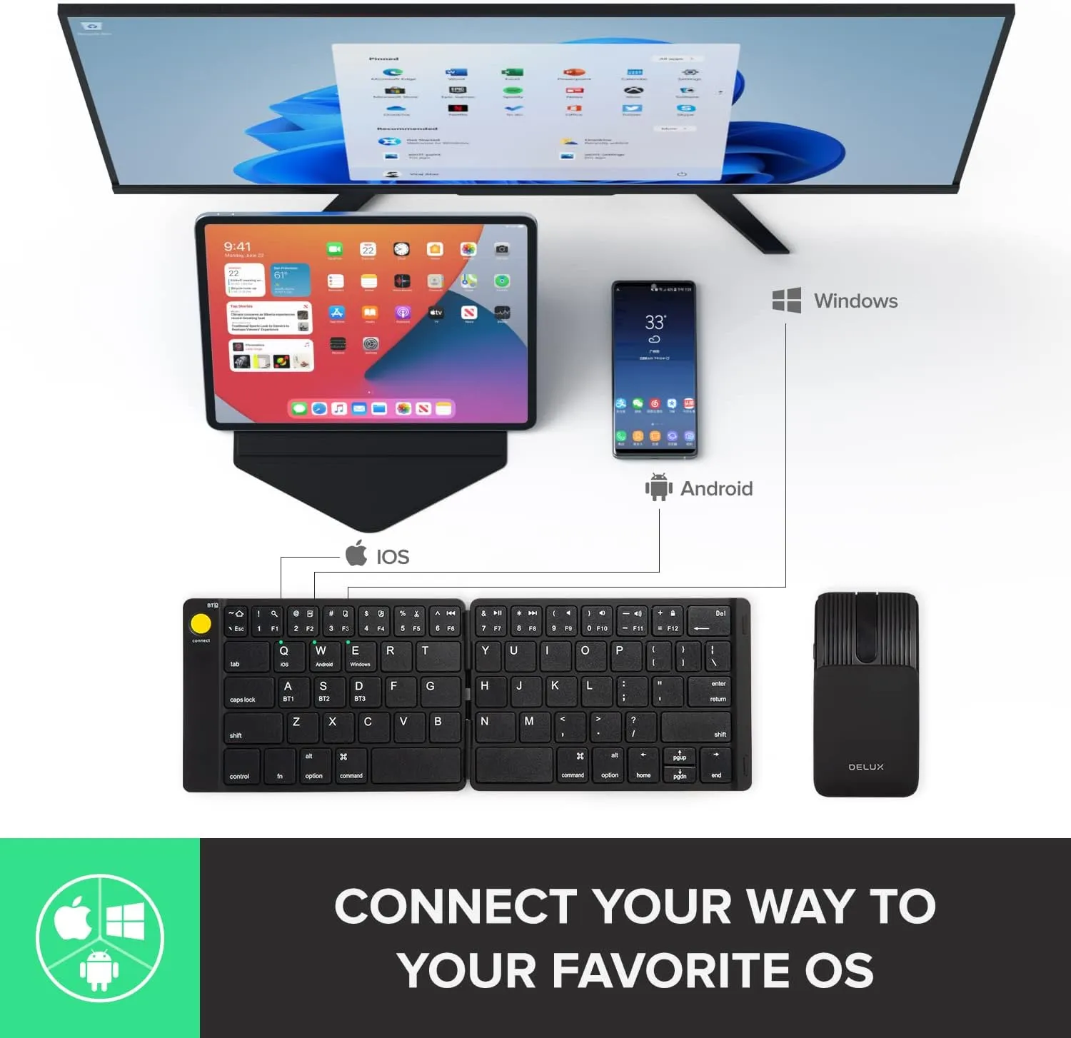 DELUX PockCombo Portable Keyboard and Mouse Wireless with Protective Case, Bluetooth Foldable Keyboard, 2-in-1 Sliding Mini Mouse with Pointer (Black)