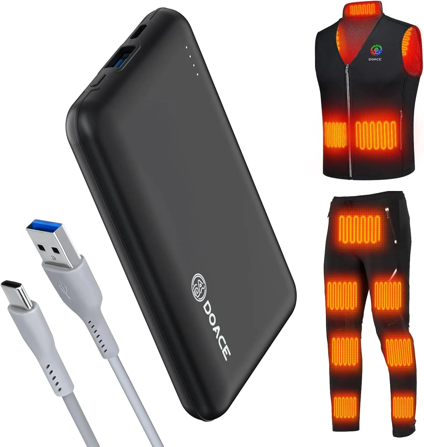 DOACE Battery Pack for Heated Vest, 10000mAh 5V/3A Power Bank with USB-C Charging Cable, 15W Portable Charger for Heated Jacket, Pants, Scarf, iPhone 14/13 Series, Black
