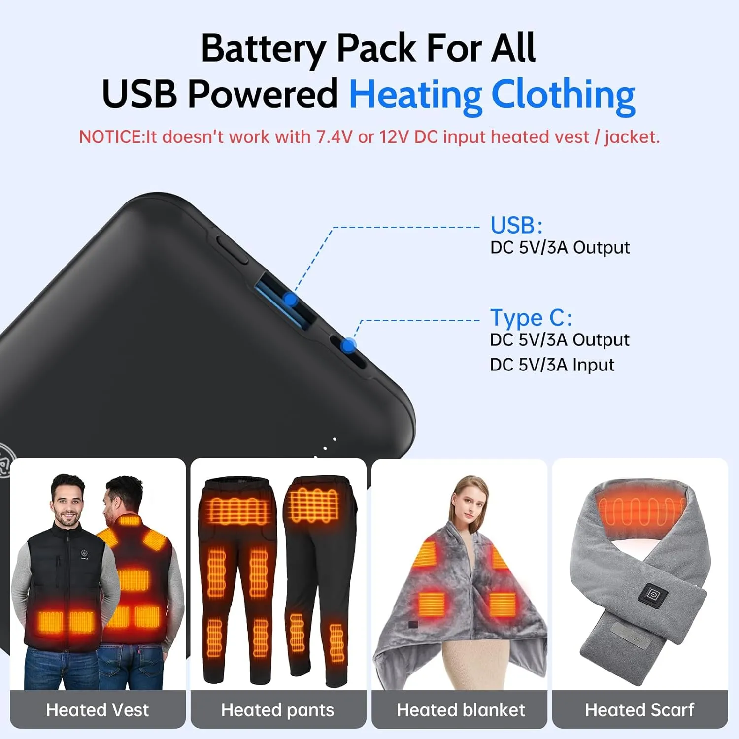 DOACE Battery Pack for Heated Vest, 10000mAh 5V/3A Power Bank with USB-C Charging Cable, 15W Portable Charger for Heated Jacket, Pants, Scarf, iPhone 14/13 Series, Black
