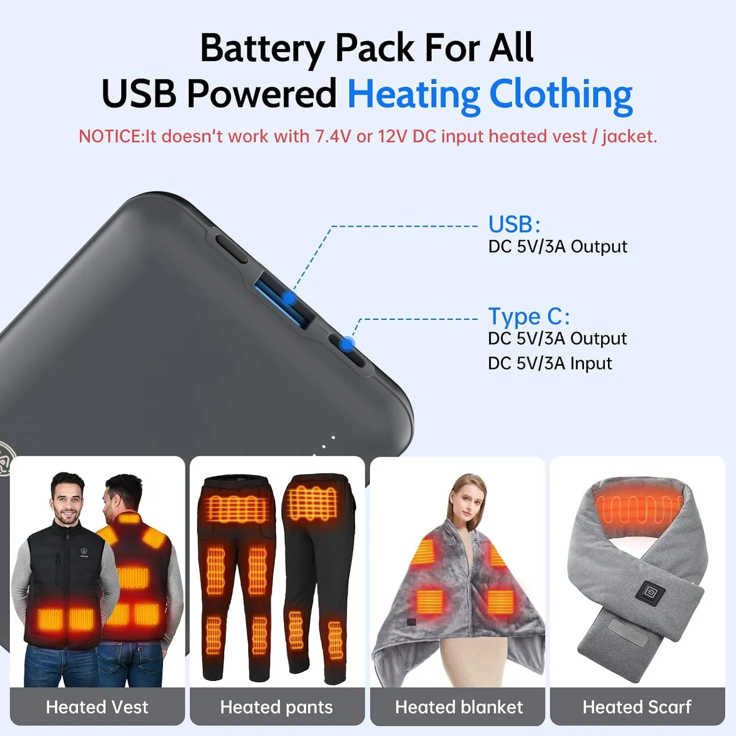 DOACE Battery Pack for Heated Vest, 10000mAh 5V/3A Power Bank with USB-C Charging Cable, 15W Portable Charger for Heated Jacket, Pants, Scarf, iPhone 14/13 Series, Gray