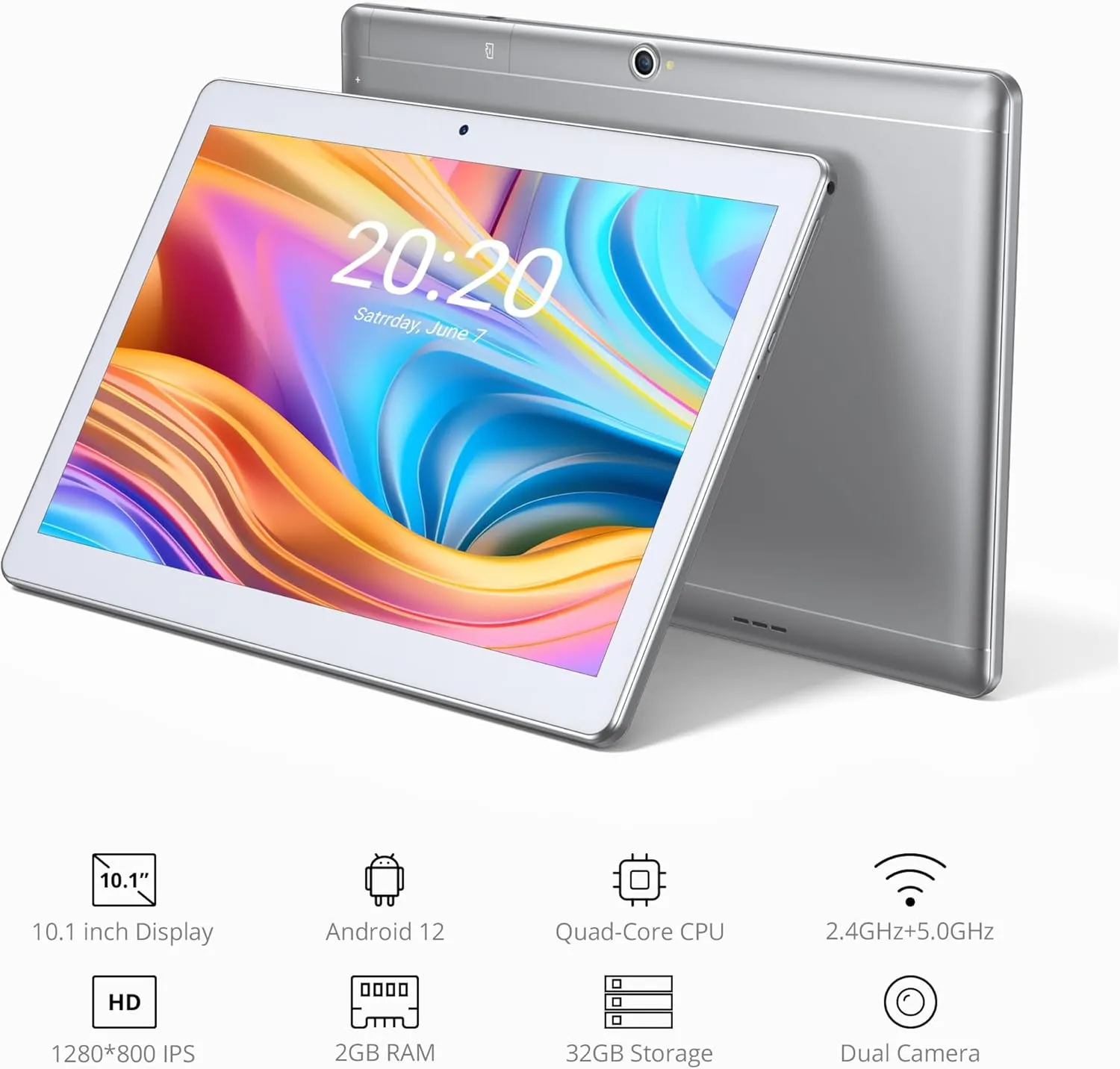 Dragon Touch 10 inch Android Tablet inch with 32GB Storage, 256GB Expandable Storage, Android 12 Tablet, Quad Core Processor, 10.1 inch IPS HD Display, 8MP Camera, 2.4Ghz & 5Ghz WiFi Tablet, Slvier