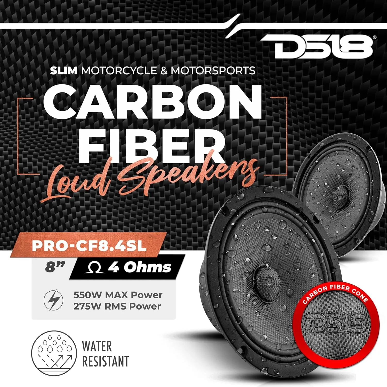 DS18 PRO-CF8.4SL 8" Shallow Carbon Fiber Water Resistant Cone Mid-Bass Loudspeaker 275 Watts Rms 4-Ohm - Great Speaker for Motorcycles and Powersports