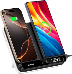 Dual Wireless Charger Stand, SwanScout 504, Foldable Wireless Charging Station Pad for iPhone 16/15/14 Series, Samsung Galaxy S25/S24/S23, Google Pixel 9/8/7, Android Phones, AirPods/Galaxy Buds