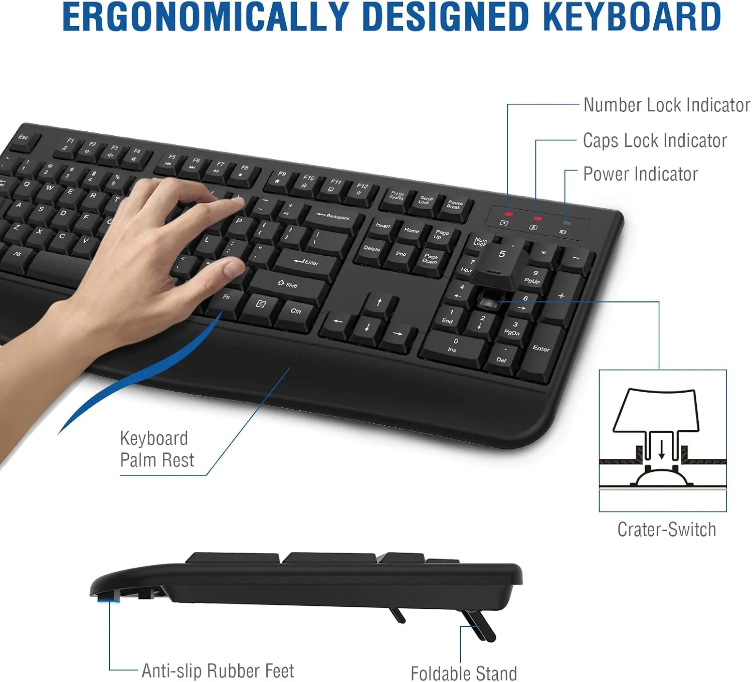 EDJO Wireless Keyboard, 2.4G Ergonomic Full Size Wireless Computer Keyboard with Wrist Rest for Windows, Mac OS Desktop/Laptop/PCBlack