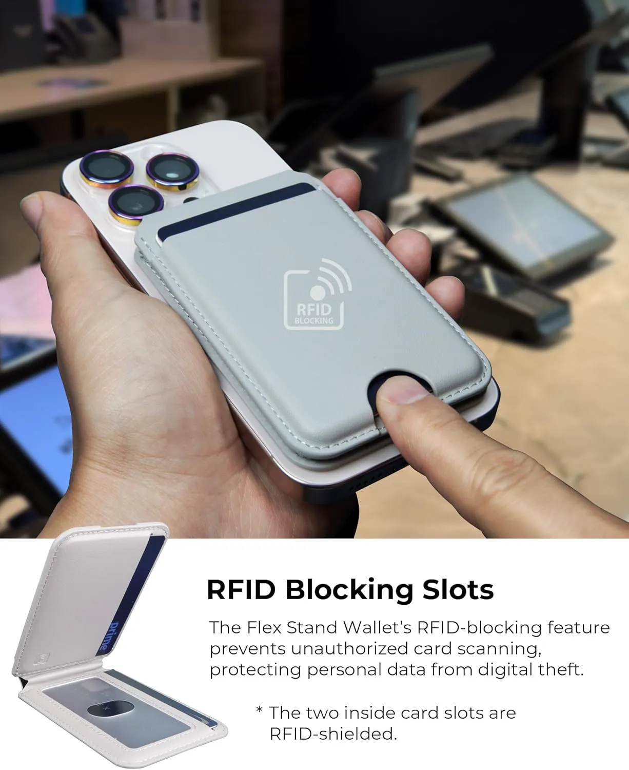 Enclave Wallet Stand for iPhone 16/15/14/13/12 Series, Compatible with MagSafe, Magnetic 5 Card Holder, Adjustable Stand, RFID Blocking, Microfiber Leather (Gray)