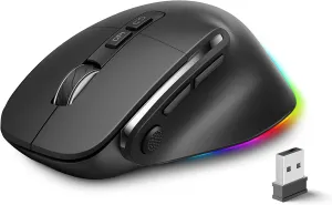 Ergonomic Rechargeable Mouse with Jiggler, Bluetooth 2.4G Wireless Wired(3 in 1) Connection, Max 4800DPI, Rapid Fire Key, 5ft Charging Cable, Carpal Tunnel Silent Mice with LED for Office,Gaming