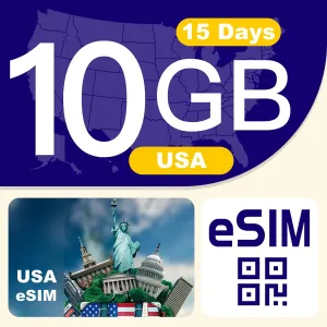 eSIM USA Prepaid 10GB High-Speed Data, 4G LTE Network, Compatible iOS & Android Devices, Mobile Hotspot, No Contract No SIM Card (15 Days)