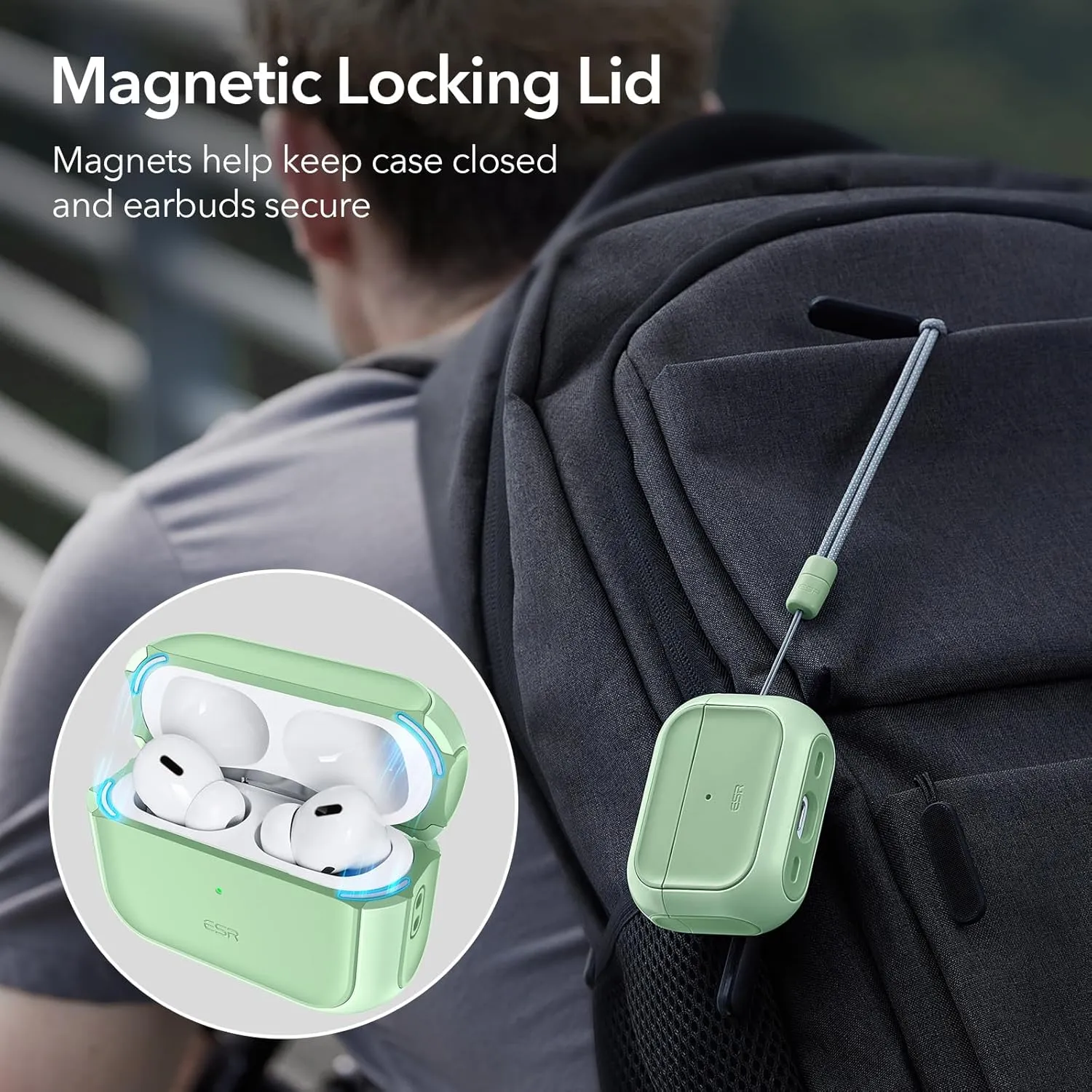ESR for AirPods Pro 2 Case (HaloLock), Compatible with Airpods Pro Case 2nd / 1st Generation (2023/2022/2019), Compatible with MagSafe, Full Drop Protection Cover with Lanyard, Light Green
