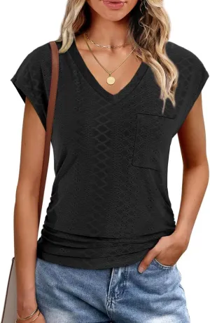 Eyelet Womens Tops Cap Sleeve V Neck T Shirts for Women Casual Loose Basic Tee Summer Shirts 2025 Trendy Clothes